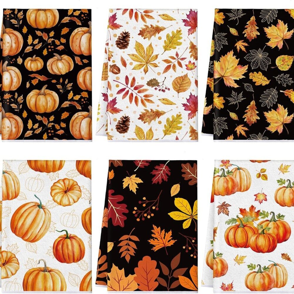 6 Pcs Fall Kitchen Towels Pumpkins Thanksgiving Dish Towels Maple Leaf Tea Reusa